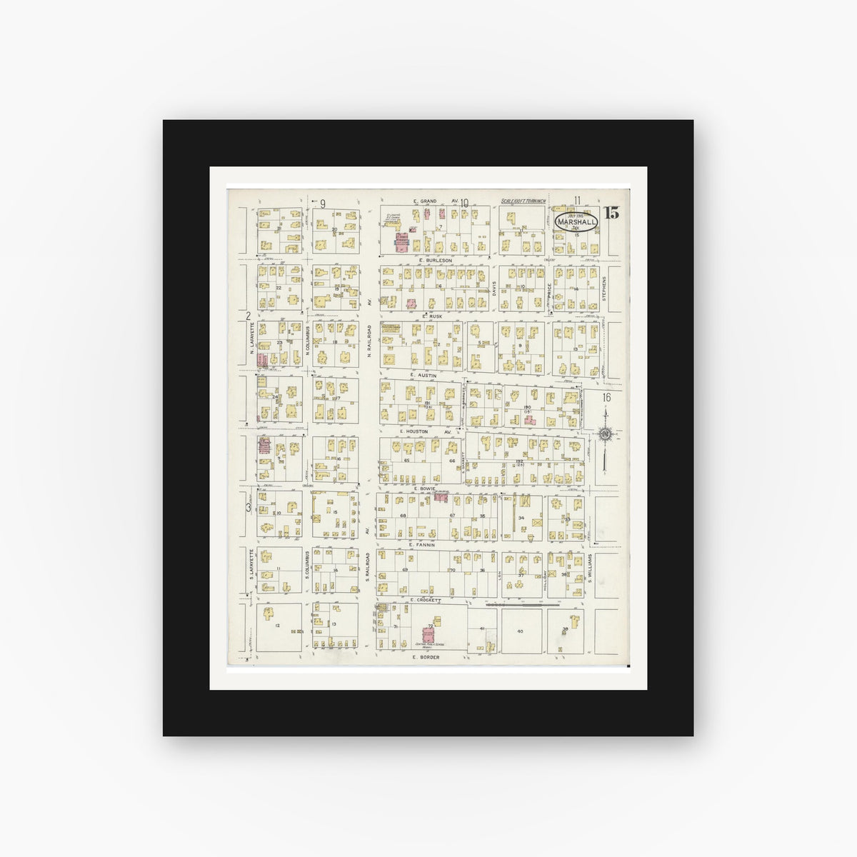 Old map wall art mockup — black gallery frame with white mat — Sanborn Fire Insurance Map from Marshall, Harrison County, Texas (1915), Sheet #0015