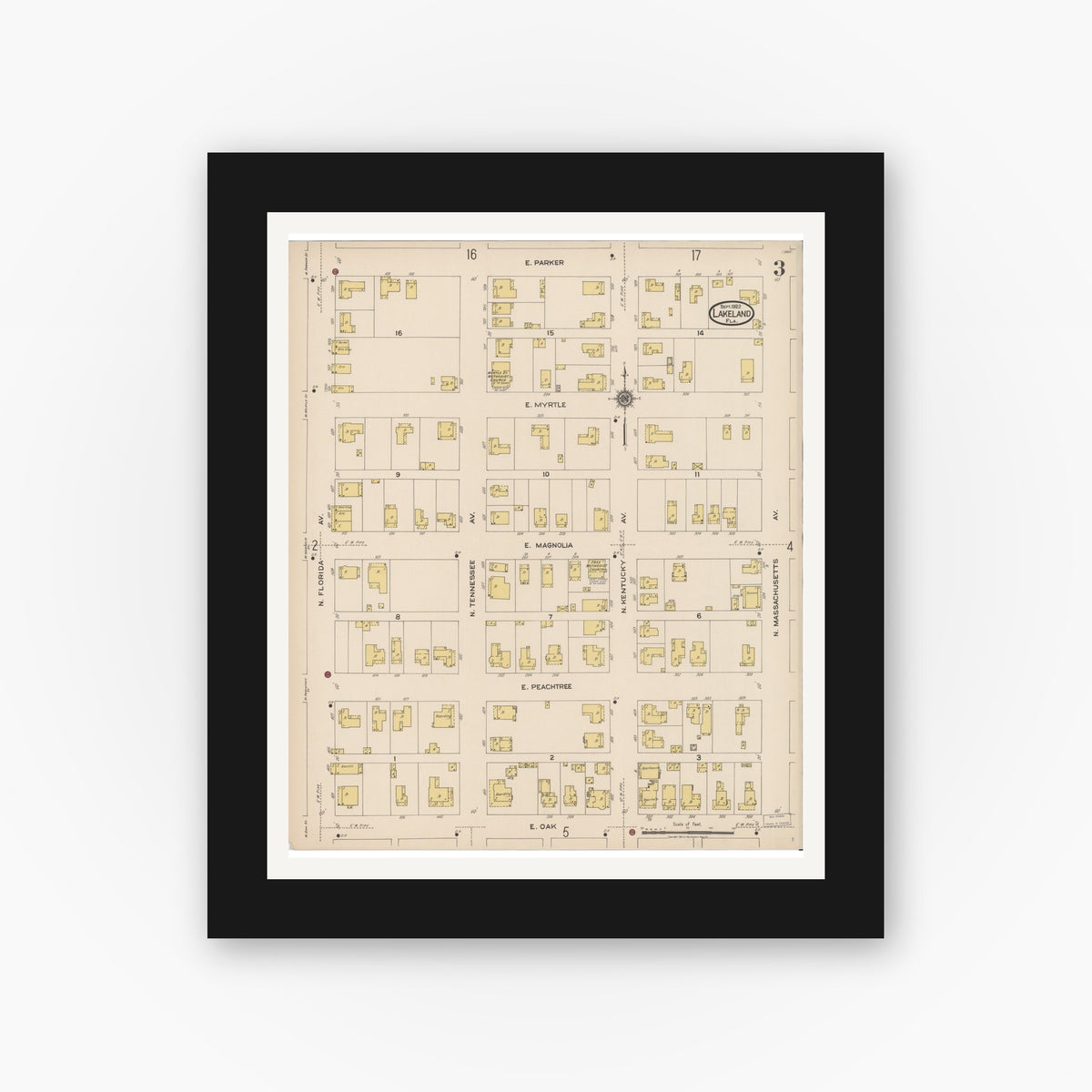Old map wall art mockup — black gallery frame with white mat — Sanborn Fire Insurance Map from Lakeland, Polk County, Florida (1922), Sheet #0003