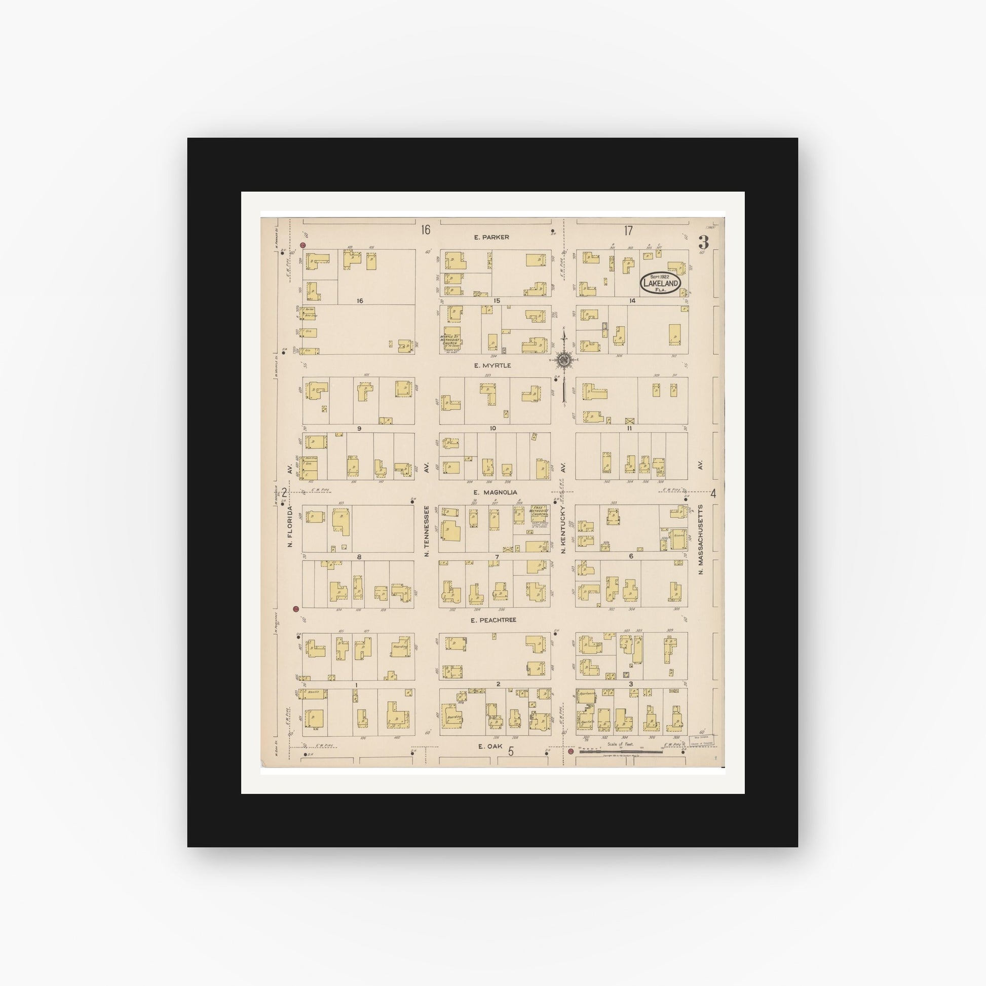 Old map wall art mockup — black gallery frame with white mat — Sanborn Fire Insurance Map from Lakeland, Polk County, Florida (1922), Sheet #0003