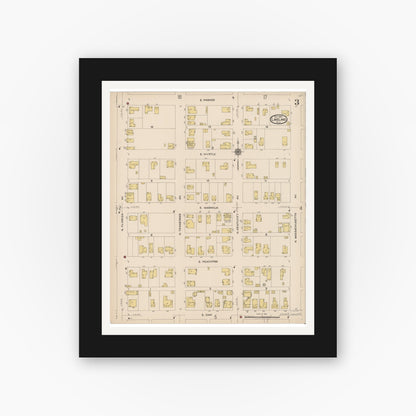 Old map wall art mockup — black gallery frame with white mat — Sanborn Fire Insurance Map from Lakeland, Polk County, Florida (1922), Sheet #0003