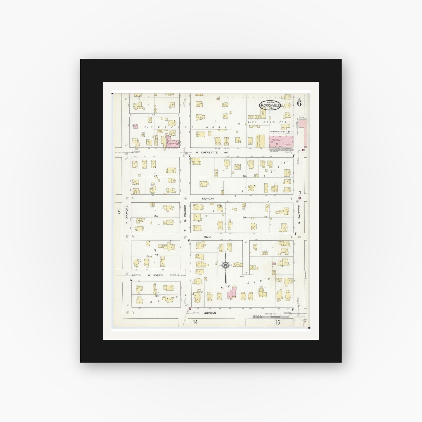 Old map wall art mockup — black gallery frame with white mat — Sanborn Fire Insurance Map from Jacksonville, Morgan County, Illinois (1914), Sheet #0006