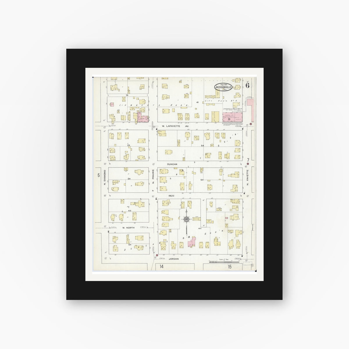 Old map wall art mockup — black gallery frame with white mat — Sanborn Fire Insurance Map from Jacksonville, Morgan County, Illinois (1914), Sheet #0006