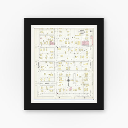 Old map wall art mockup — black gallery frame with white mat — Sanborn Fire Insurance Map from Jacksonville, Morgan County, Illinois (1914), Sheet #0006