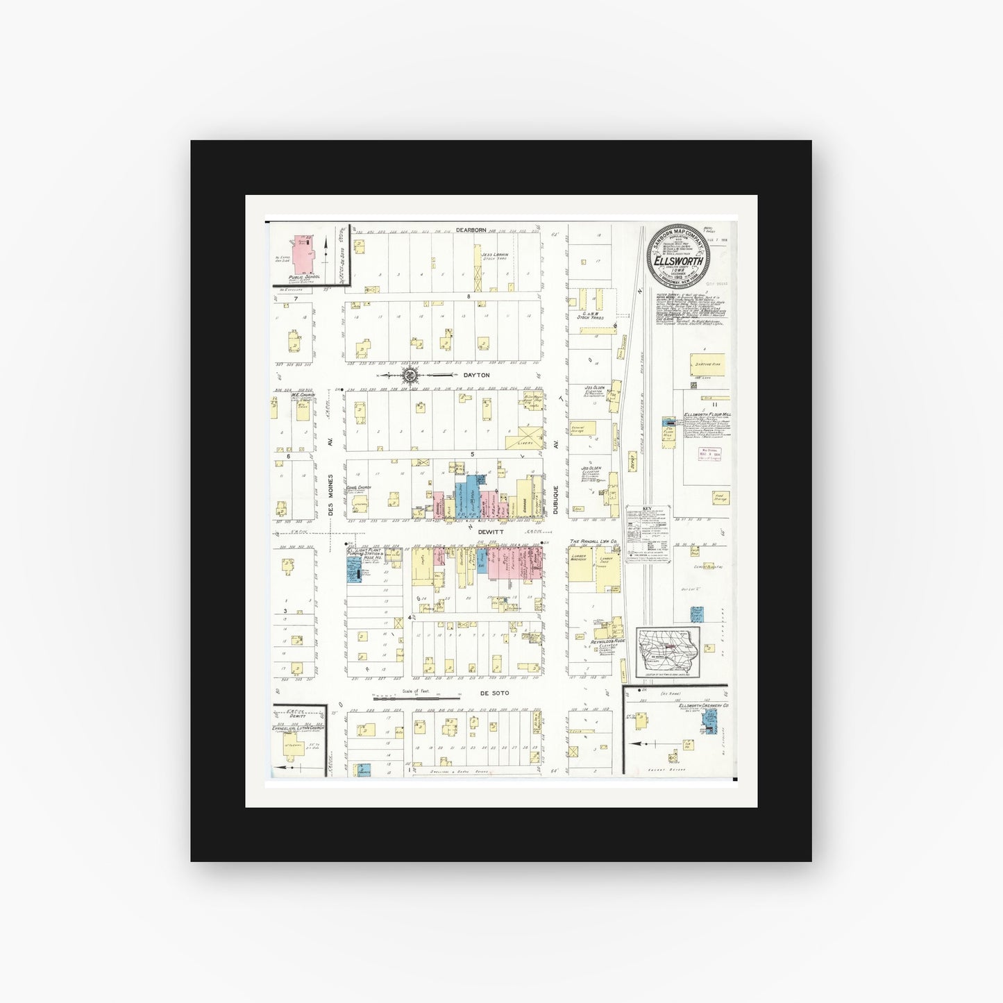 Old map wall art mockup — black gallery frame with white mat — Sanborn Fire Insurance Map from Ellsworth, Hamilton County, Iowa (1913), Sheet #0001