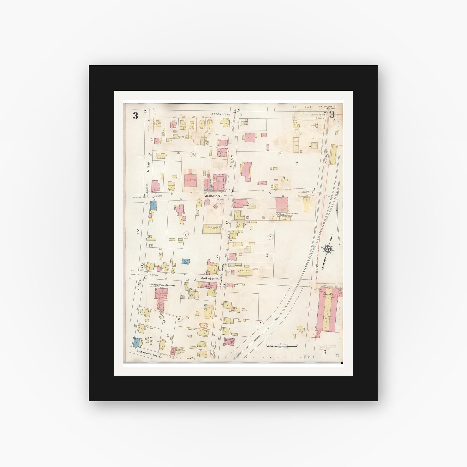 Old map wall art mockup — black gallery frame with white mat — Sanborn Fire Insurance Map from Sainte Genevieve, Saint Genevieve County, Missouri (1945), Sheet #0003
