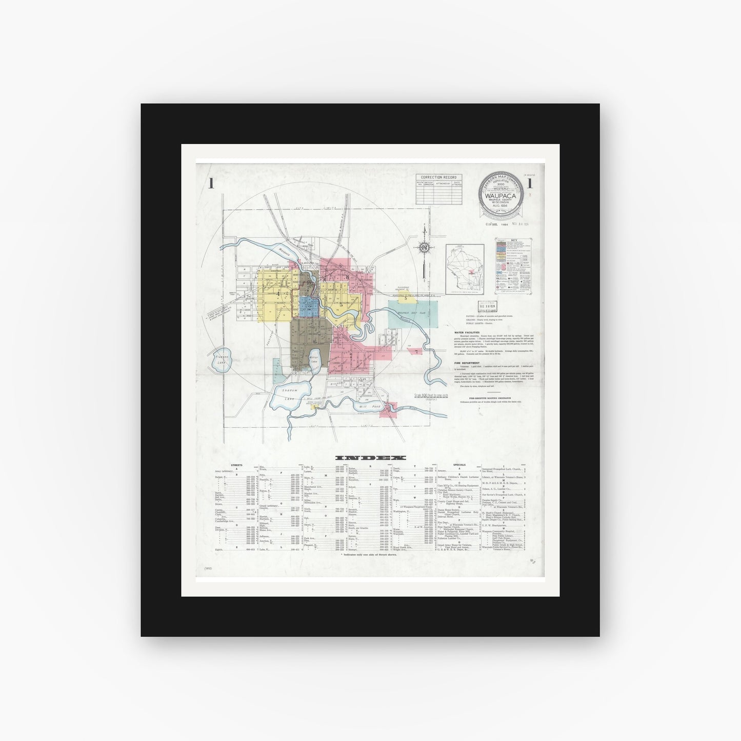Old map wall art mockup — black gallery frame with white mat — Sanborn Fire Insurance Map from Waupaca, Waupaca County, Wisconsin (1934) - Complete Map Set