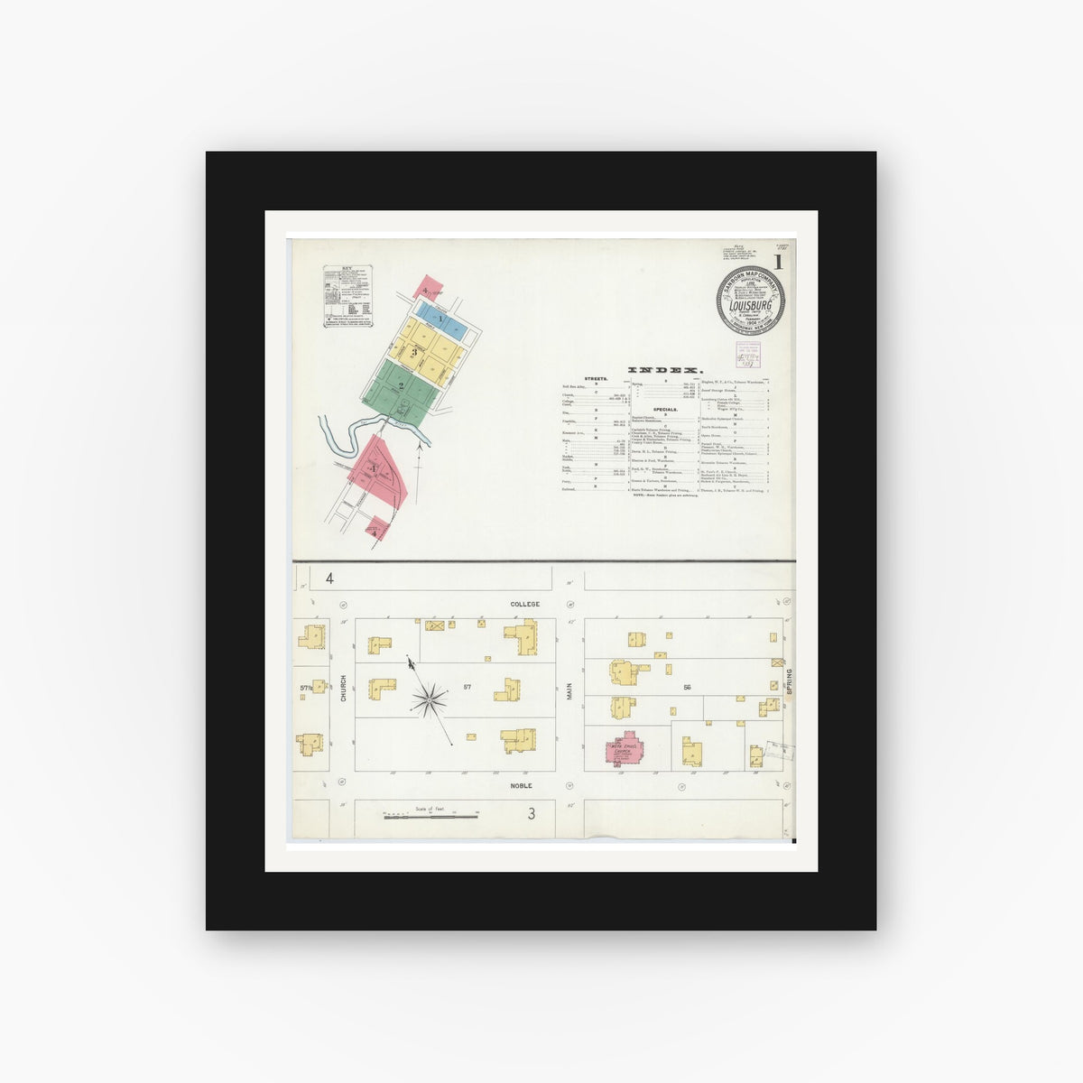 Old map wall art mockup — black gallery frame with white mat — Sanborn Fire Insurance Map from Louisburg, Franklin County, North Carolina (1904) - Complete Map Set