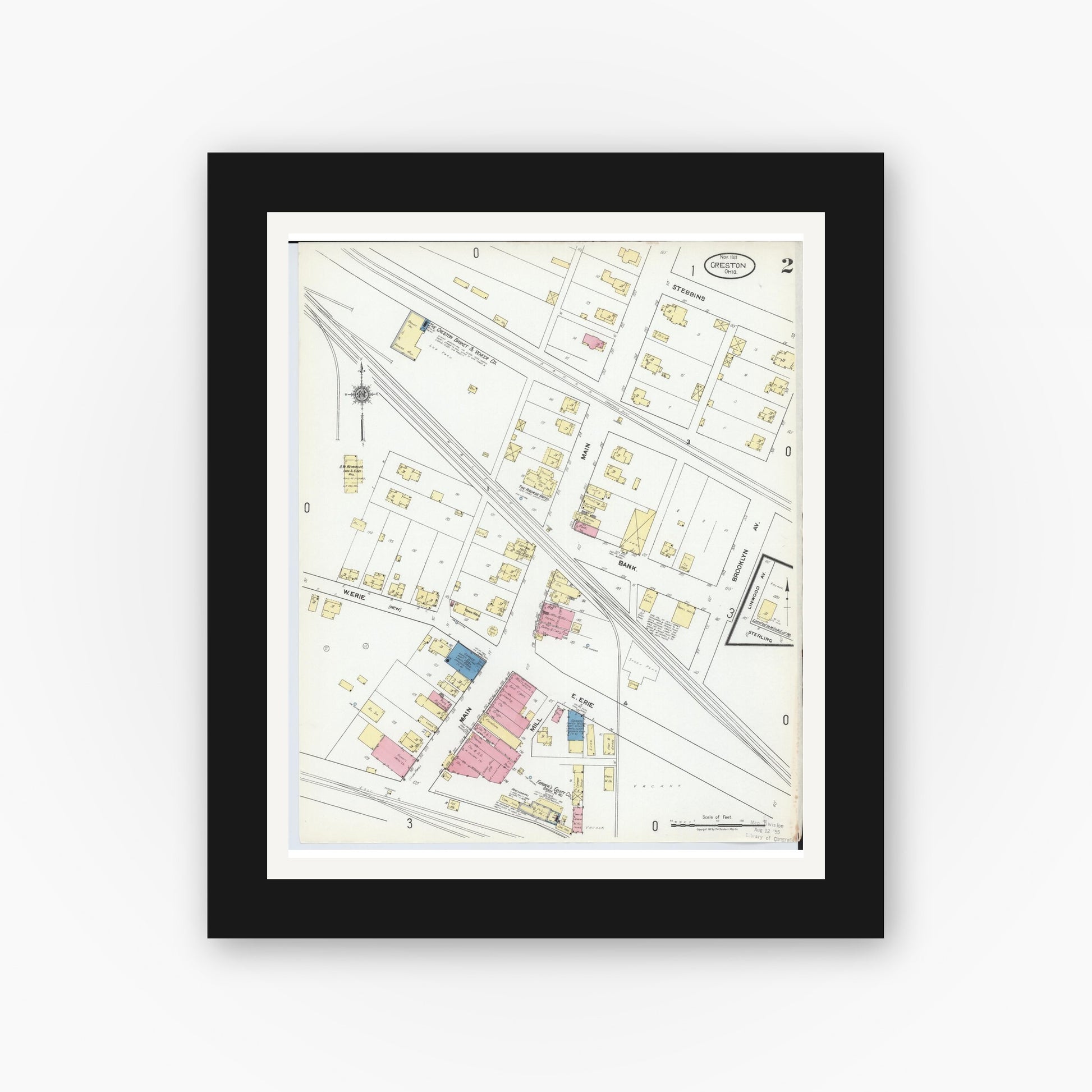 Old map wall art mockup — black gallery frame with white mat — Sanborn Fire Insurance Map from Creston, Wayne County, Ohio (1921), Sheet #0002