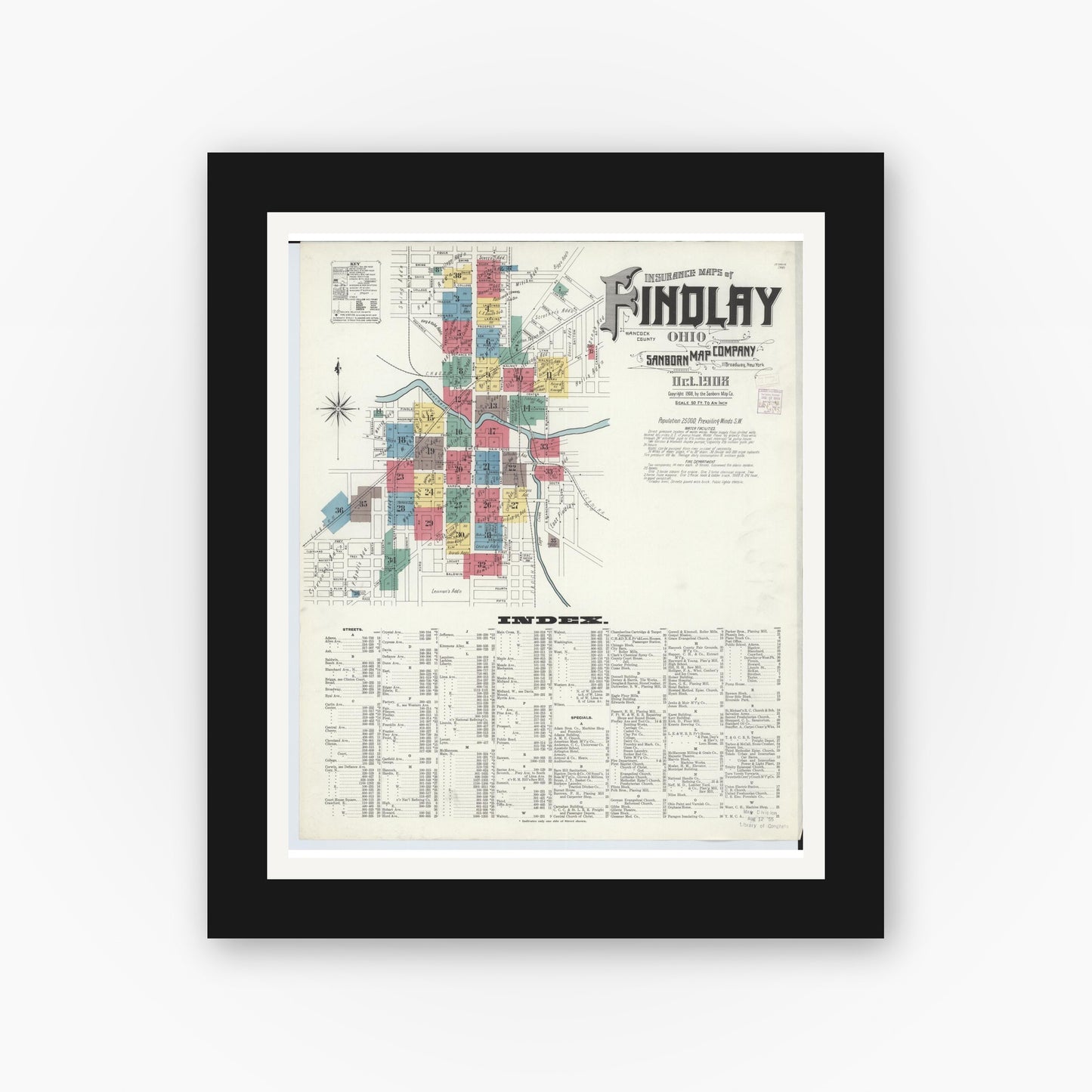 Old map wall art mockup — black gallery frame with white mat — Sanborn Fire Insurance Map from Findlay, Hancock County, Ohio (1908) - Complete Map Set