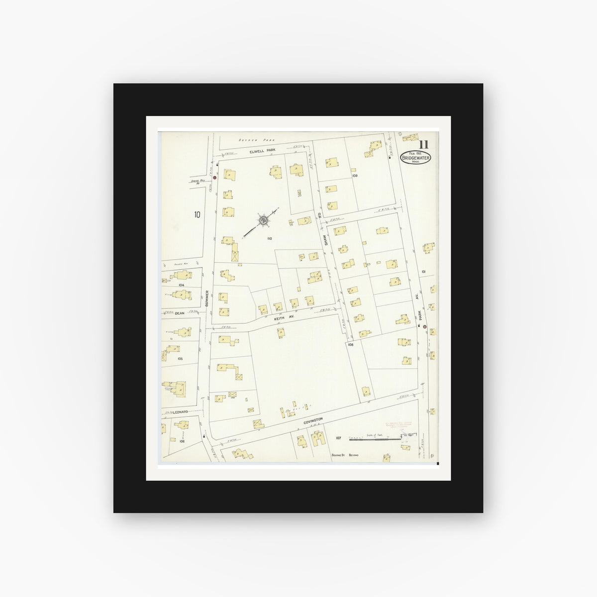Old map wall art mockup — black gallery frame with white mat — Sanborn Fire Insurance Map from Bridgewater, Plymouth County, Massachusetts (1912), Sheet #0011