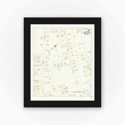 Old map wall art mockup — black gallery frame with white mat — Sanborn Fire Insurance Map from Bridgewater, Plymouth County, Massachusetts (1912), Sheet #0011
