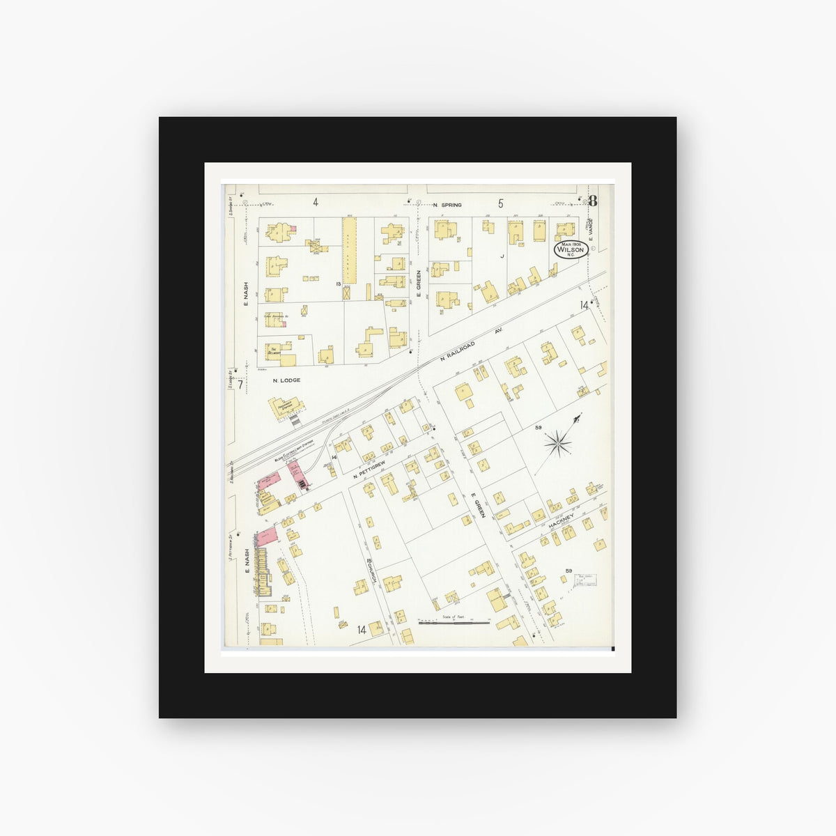 Old map wall art mockup — black gallery frame with white mat — Sanborn Fire Insurance Map from Wilson, Wilson County, North Carolina (1908), Sheet #0008