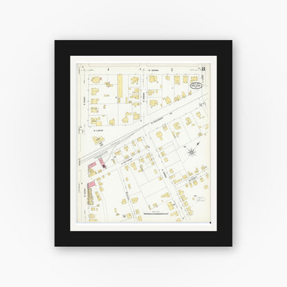 Old map wall art mockup — black gallery frame with white mat — Sanborn Fire Insurance Map from Wilson, Wilson County, North Carolina (1908), Sheet #0008