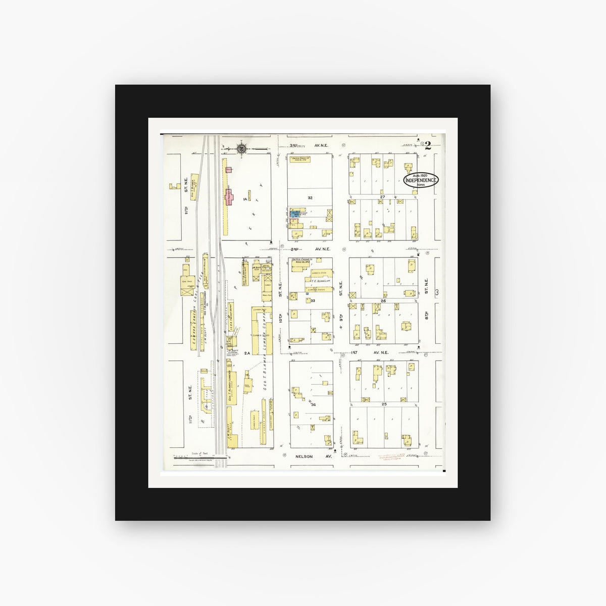 Old map wall art mockup — black gallery frame with white mat — Sanborn Fire Insurance Map from Independence, Buchanan County, Iowa (1920), Sheet #0002