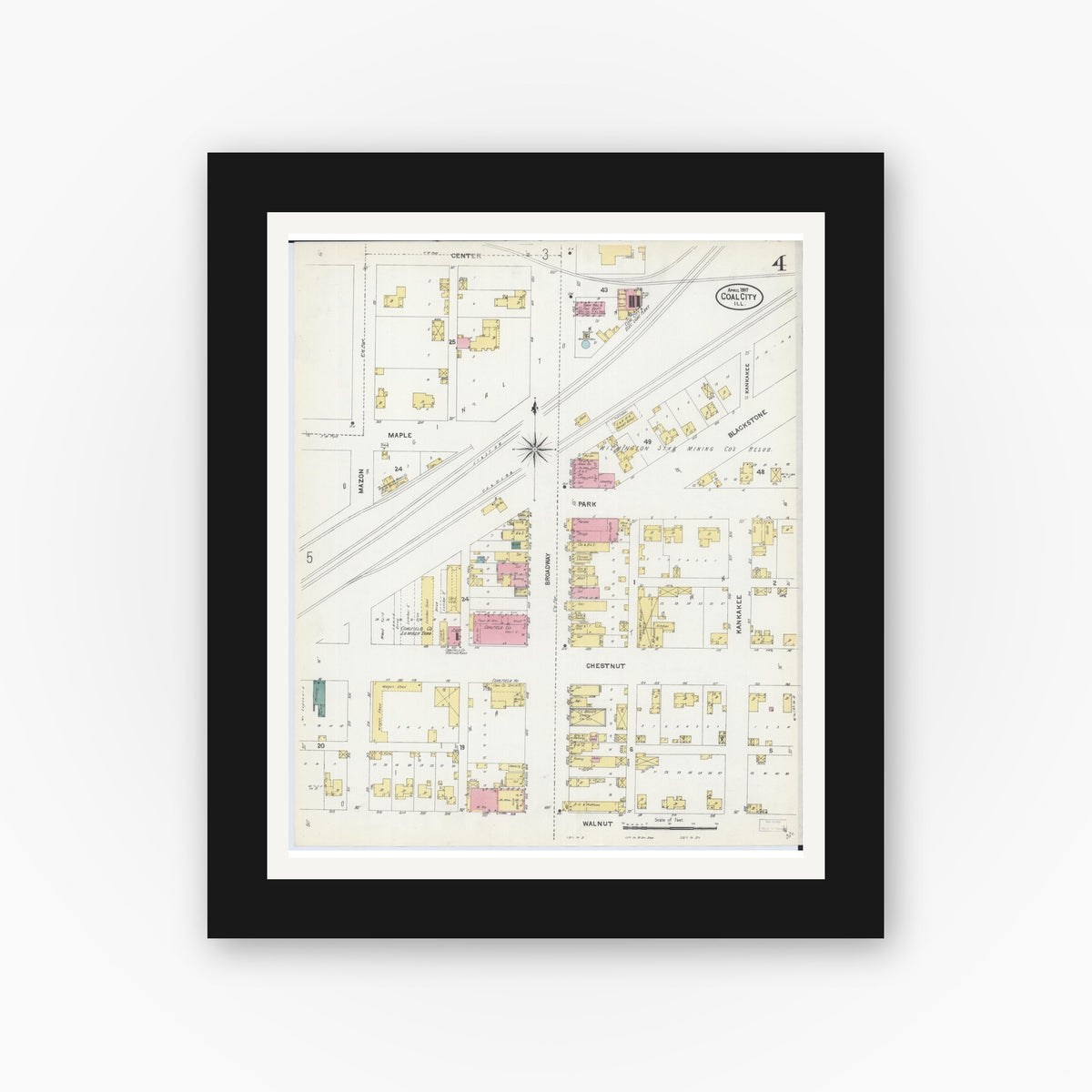 Old map wall art mockup — black gallery frame with white mat — Sanborn Fire Insurance Map from Coal City, Grundy County, Illinois (1907), Sheet #0004