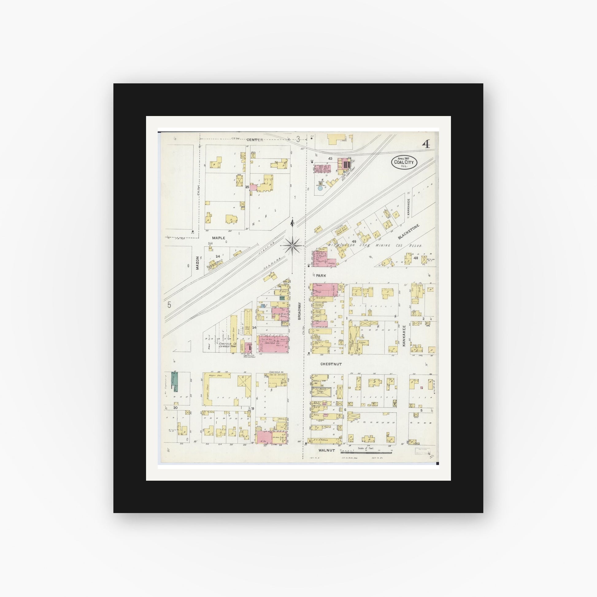 Old map wall art mockup — black gallery frame with white mat — Sanborn Fire Insurance Map from Coal City, Grundy County, Illinois (1907), Sheet #0004