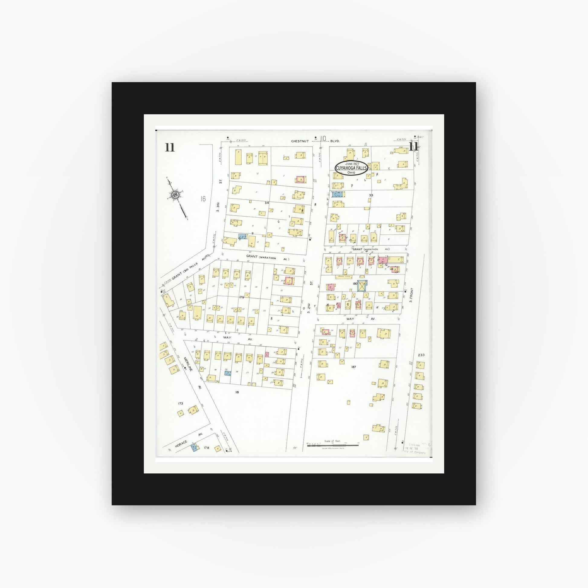 Old map wall art mockup — black gallery frame with white mat — Sanborn Fire Insurance Map from Cuyahoga Falls, Summit County, Ohio (1927), Sheet #0011