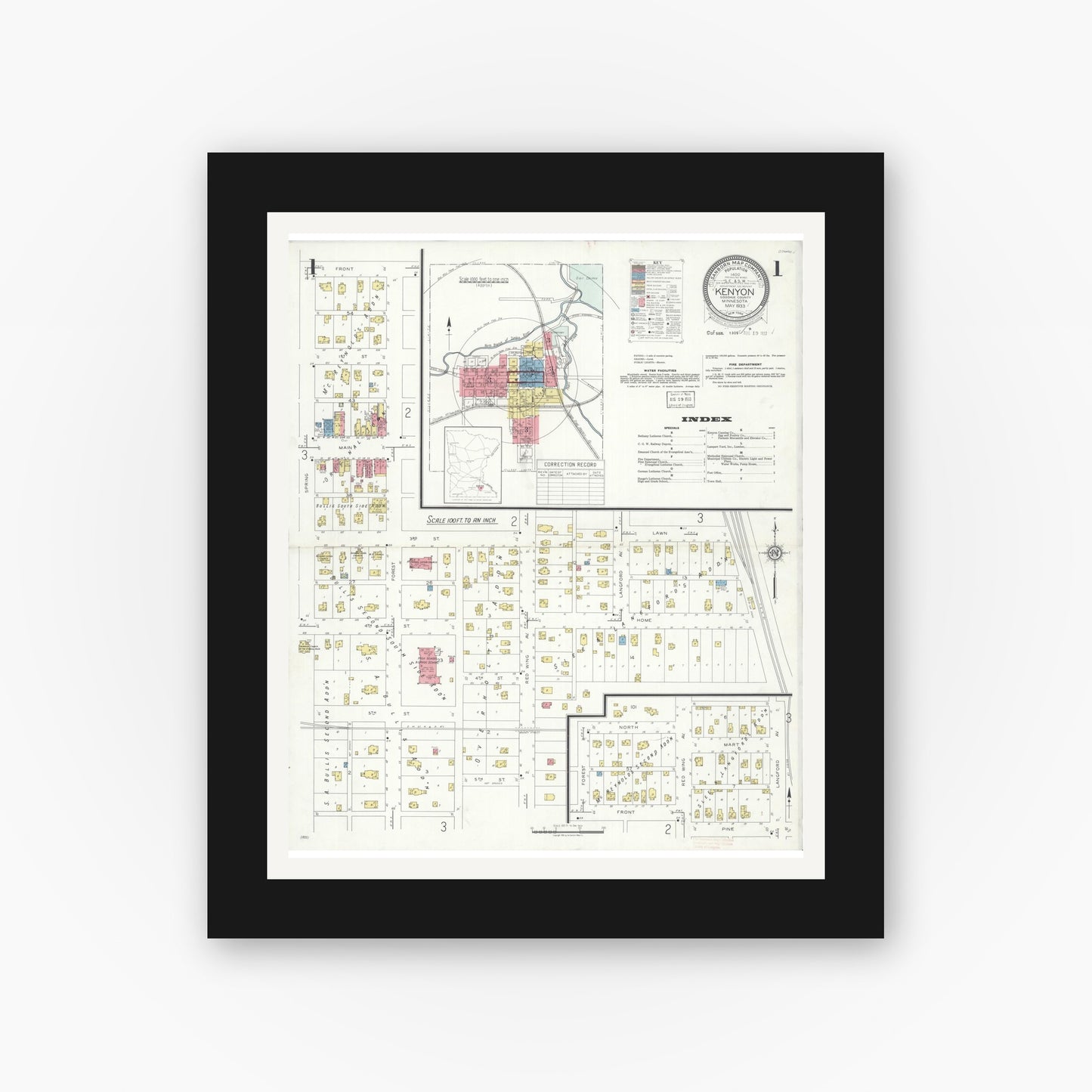 Old map wall art mockup — black gallery frame with white mat — Sanborn Fire Insurance Map from Kenyon, Goodhue County, Minnesota (1933) - Complete Map Set