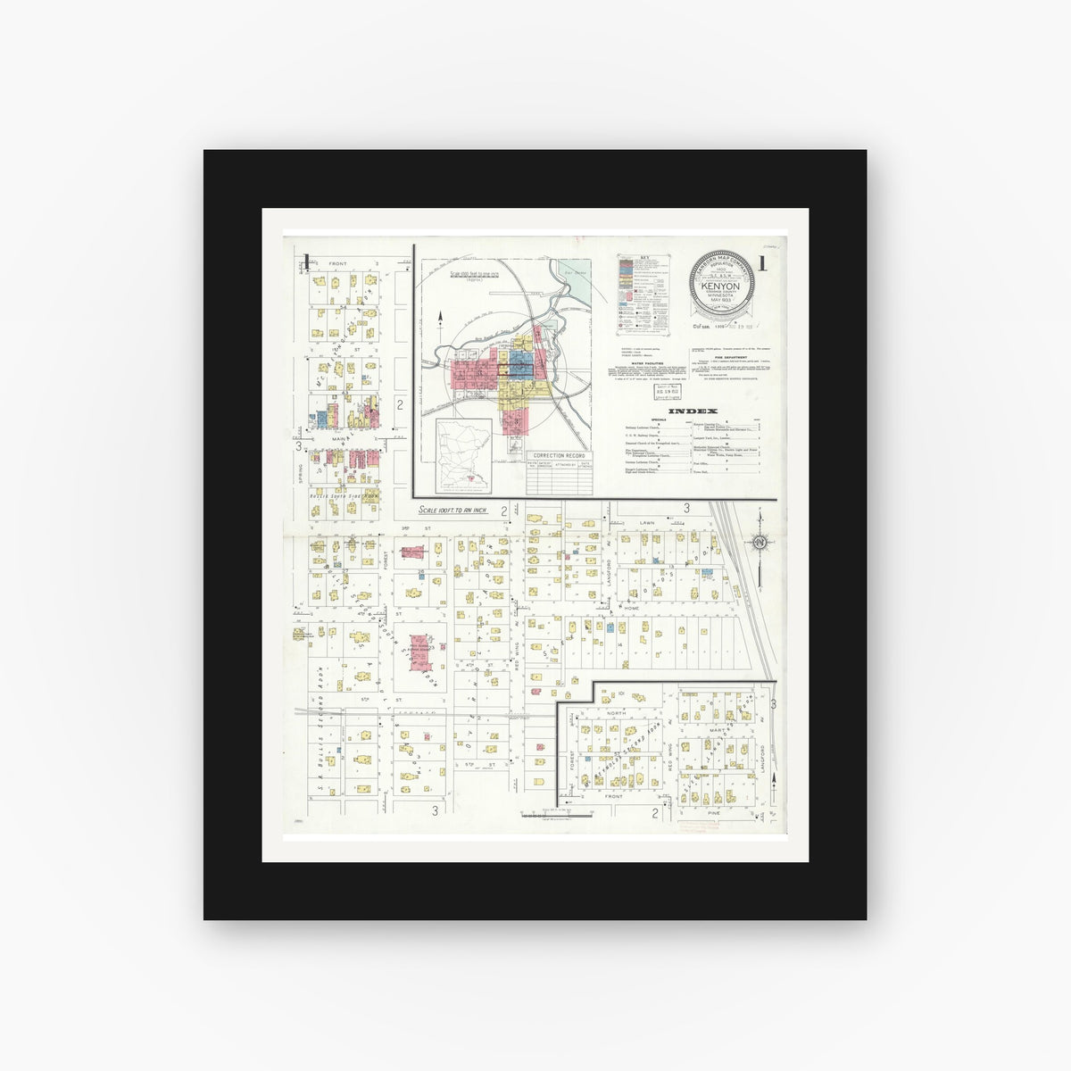 Old map wall art mockup — black gallery frame with white mat — Sanborn Fire Insurance Map from Kenyon, Goodhue County, Minnesota (1933) - Complete Map Set