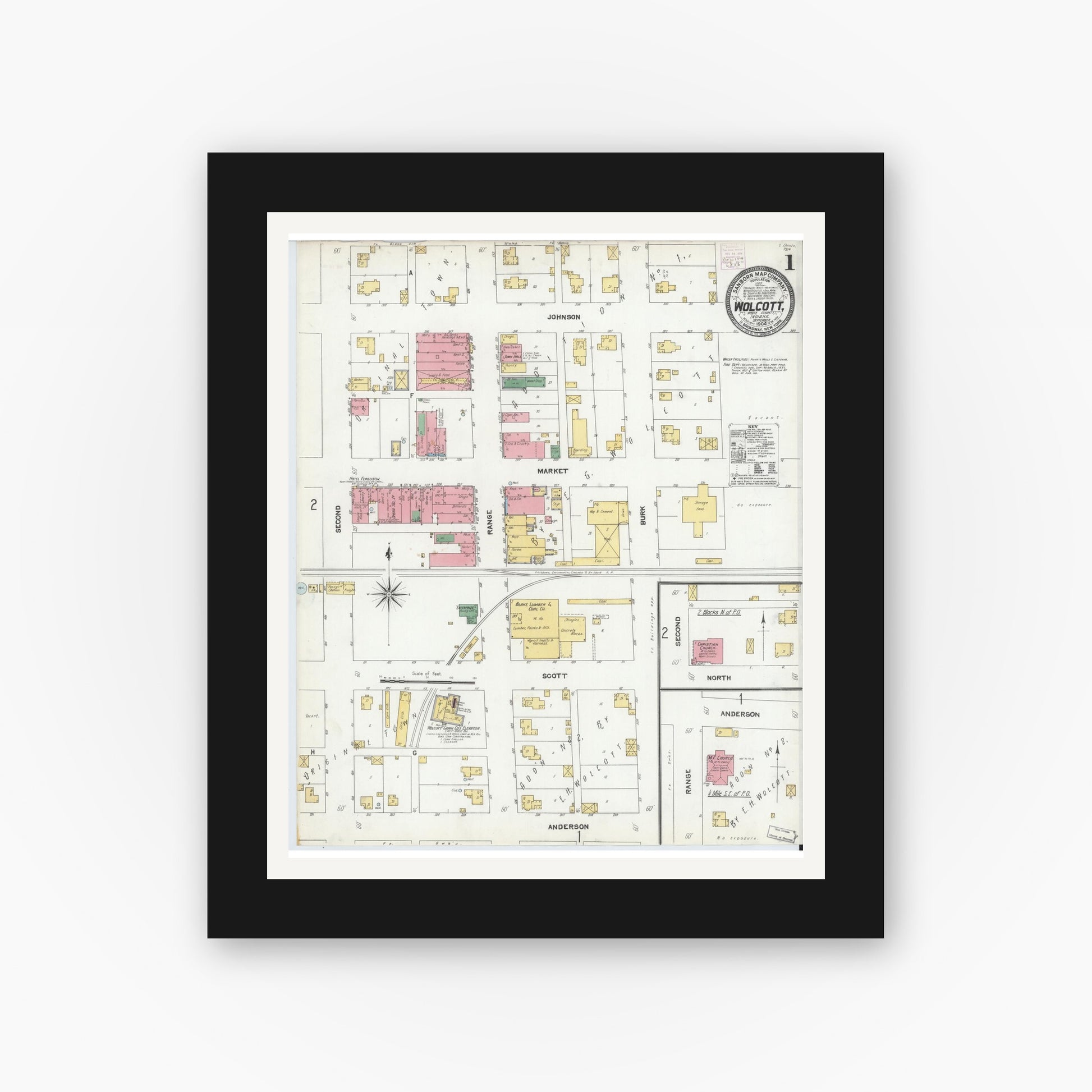 Old map wall art mockup — black gallery frame with white mat — Sanborn Fire Insurance Map from Wolcott, White County, Indiana (1904) - Complete Map Set