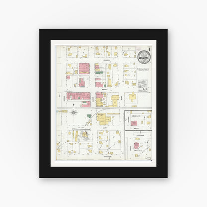 Old map wall art mockup — black gallery frame with white mat — Sanborn Fire Insurance Map from Wolcott, White County, Indiana (1904) - Complete Map Set