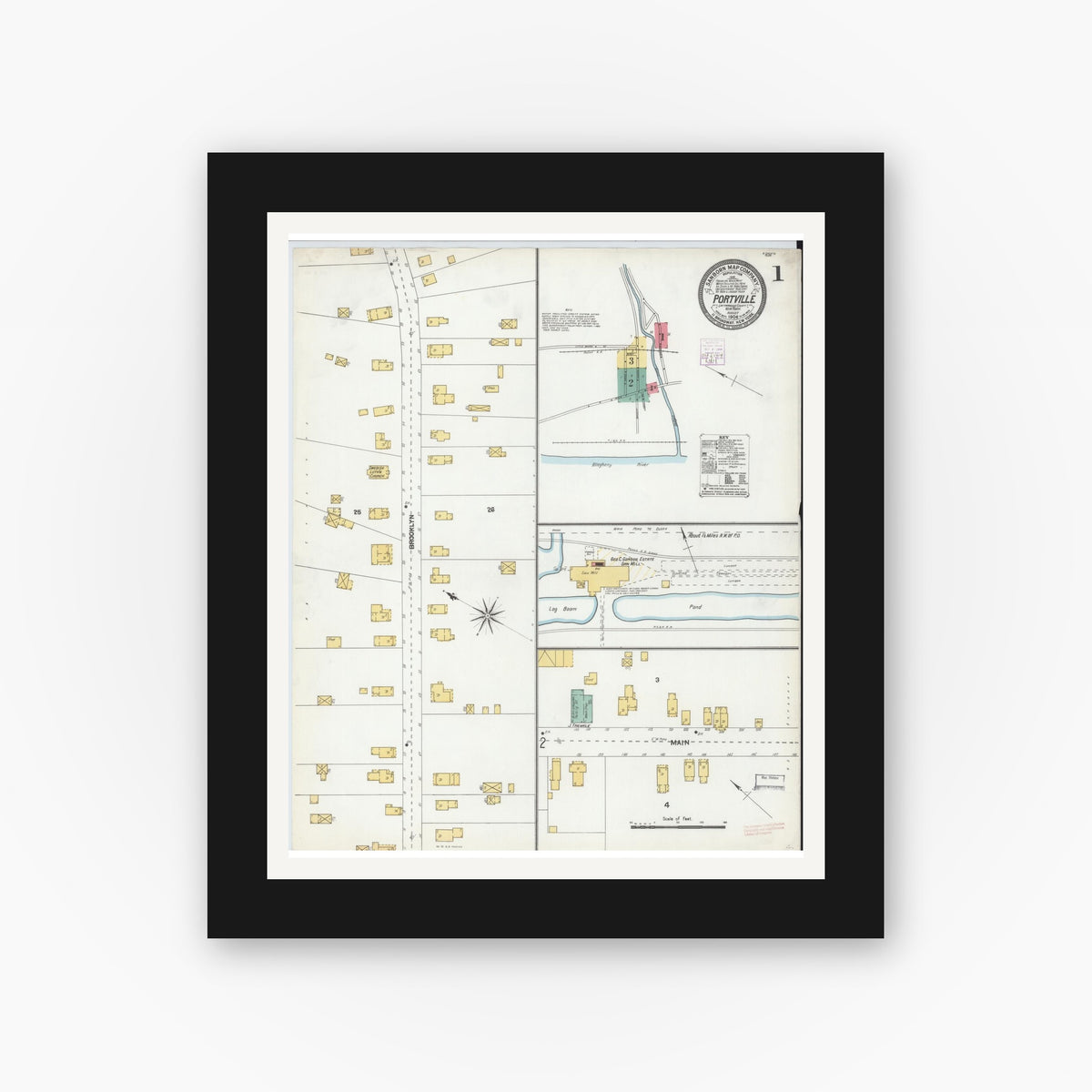 Old map wall art mockup — black gallery frame with white mat — Sanborn Fire Insurance Map from Portville, Cattaraugus County, New York (1904) - Complete Map Set
