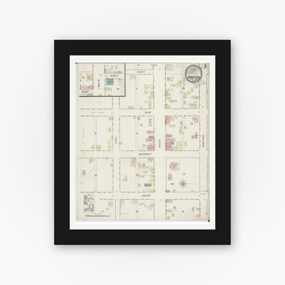 Old map wall art mockup — black gallery frame with white mat — Sanborn Fire Insurance Map from Warrenton, Warren County, Missouri (1886), Sheet #0001