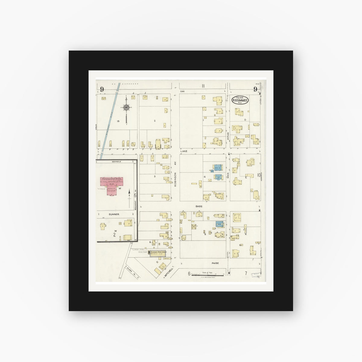 Old map wall art mockup — black gallery frame with white mat — Sanborn Fire Insurance Map from Kissimmee, Osceola County, Florida (1926), Sheet #0009