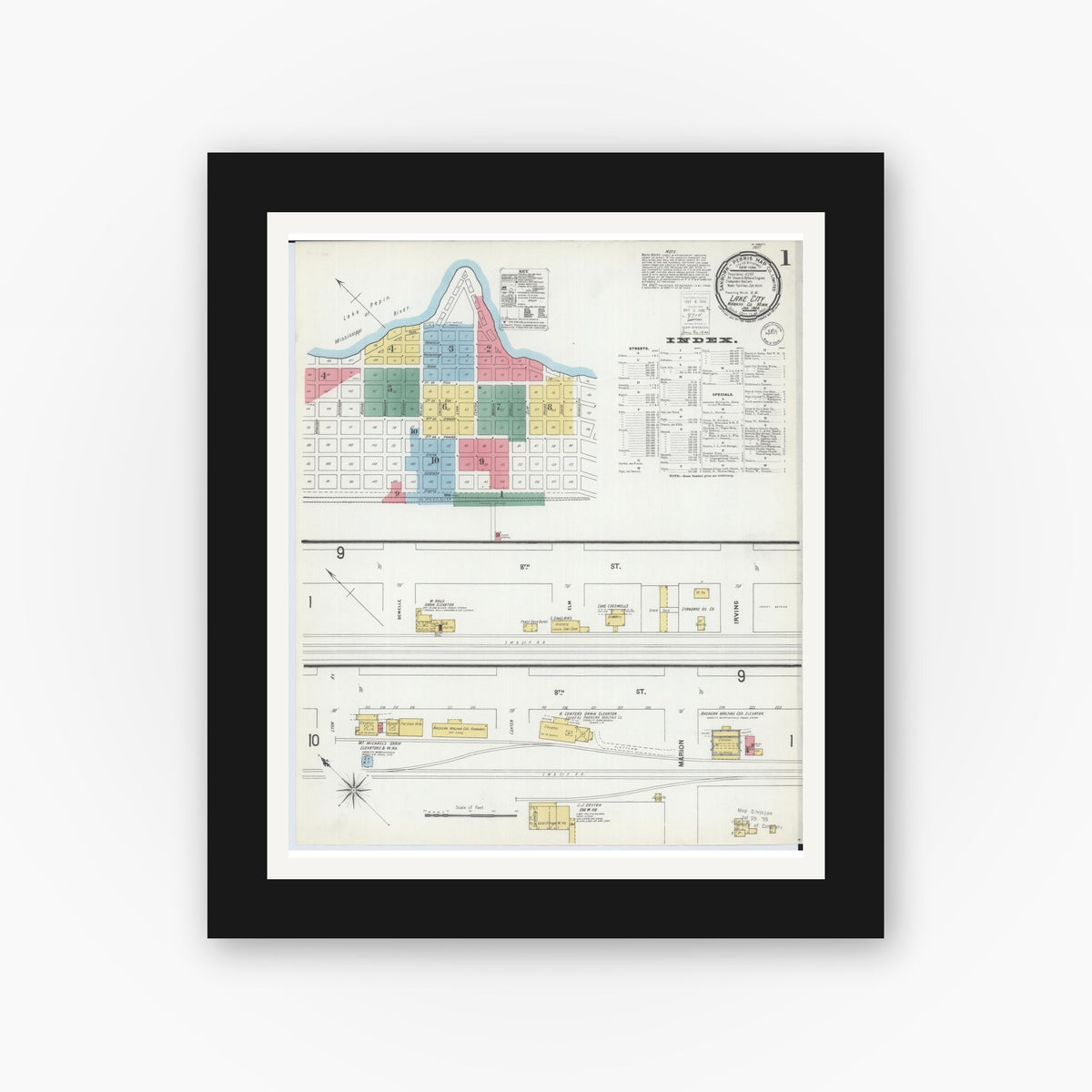 Old map wall art mockup — black gallery frame with white mat — Sanborn Fire Insurance Map from Lake City, Wabasha County, Minnesota (1900), Sheet #0001