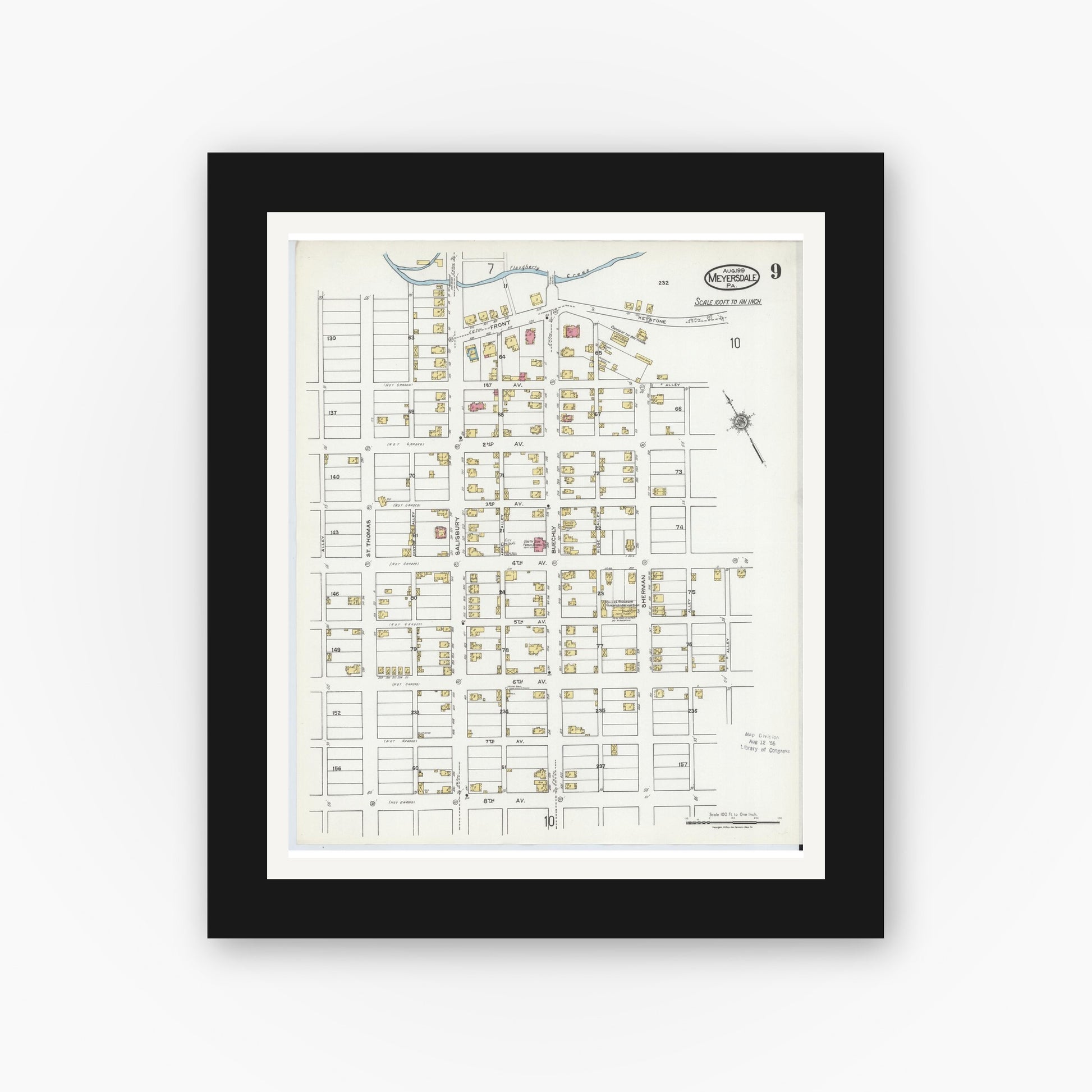 Old map wall art mockup — black gallery frame with white mat — Sanborn Fire Insurance Map from Meyersdale, Somerset County, Pennsylvania (1919), Sheet #0009
