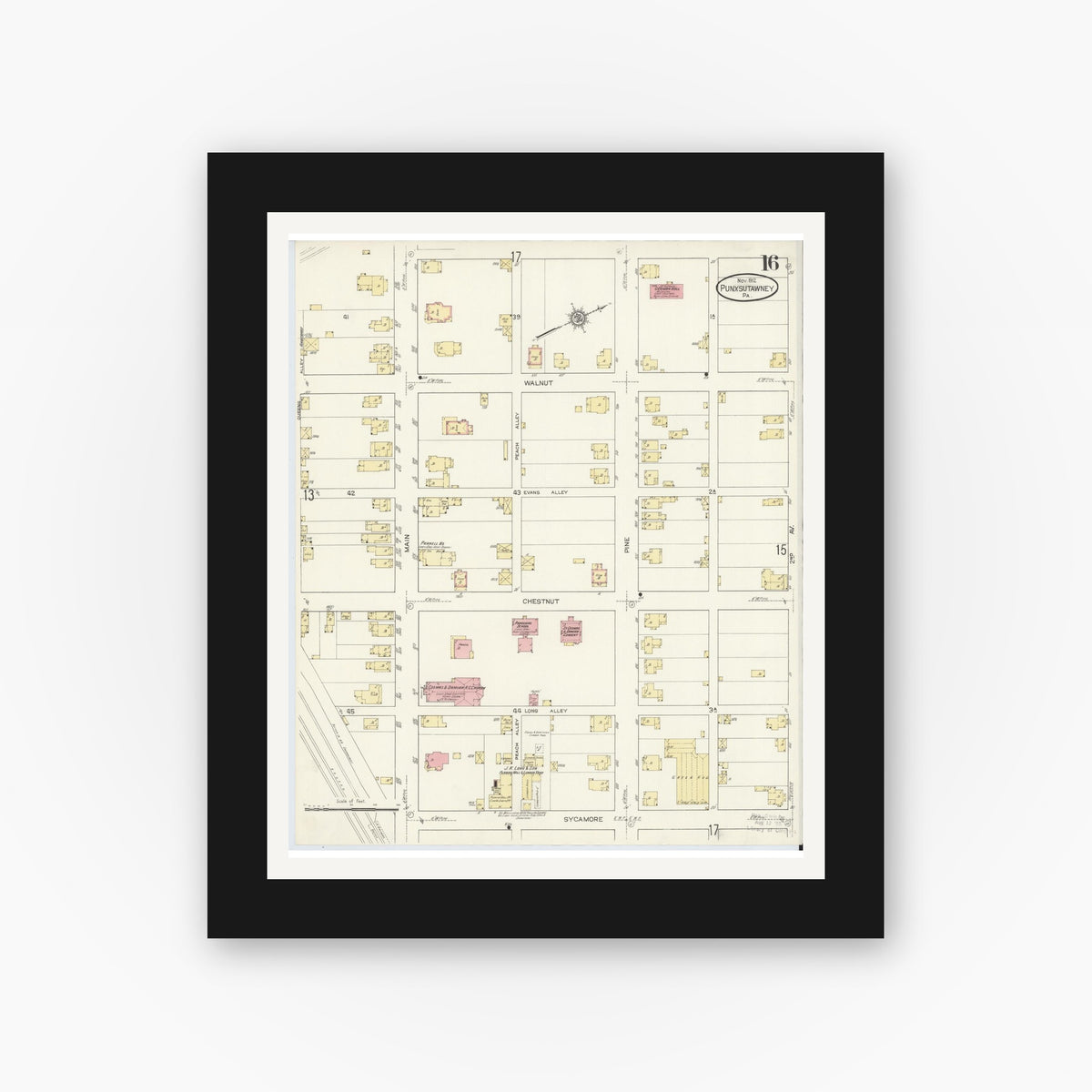 Old map wall art mockup — black gallery frame with white mat — Sanborn Fire Insurance Map from Punxsutawney, Jefferson County, Pennsylvania (1912), Sheet #0016