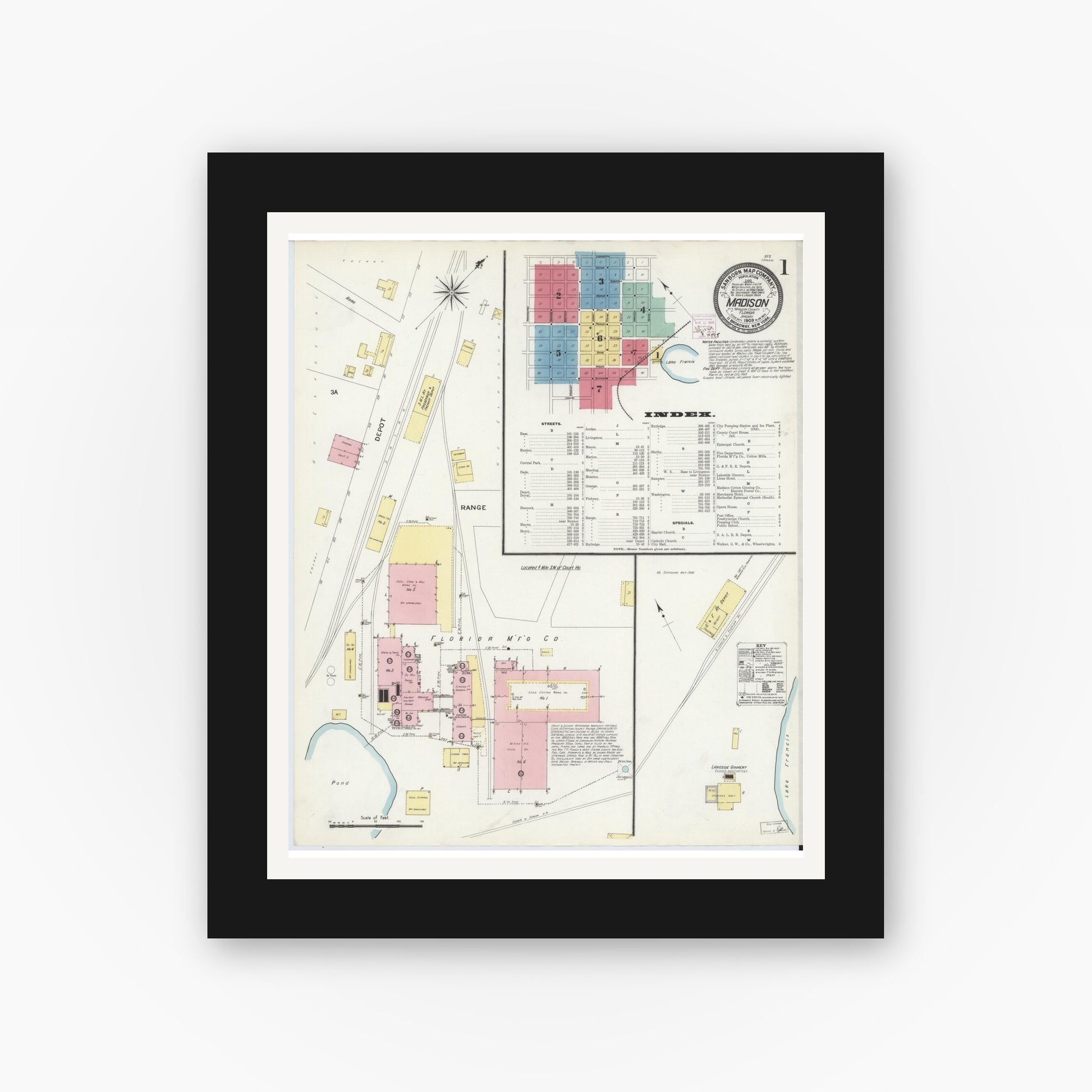 Old map wall art mockup — black gallery frame with white mat — Sanborn Fire Insurance Map from Madison, Madison County, Florida (1909), Sheet #0001