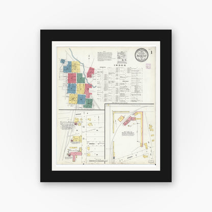 Old map wall art mockup — black gallery frame with white mat — Sanborn Fire Insurance Map from Rochester, Fulton County, Indiana (1907), Sheet #0001