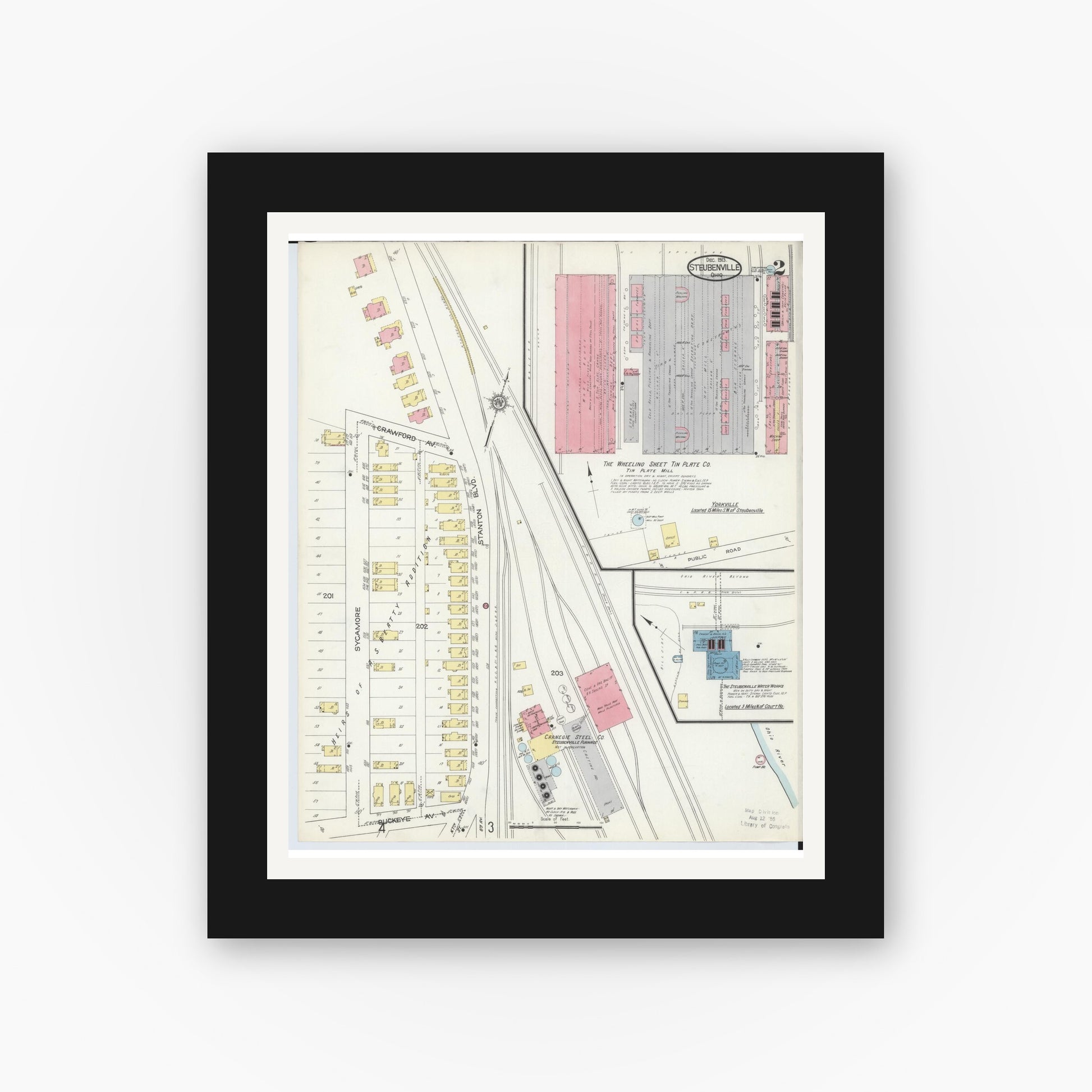 Old map wall art mockup — black gallery frame with white mat — Sanborn Fire Insurance Map from Steubenville, Jefferson County, Ohio (1913), Sheet #0002
