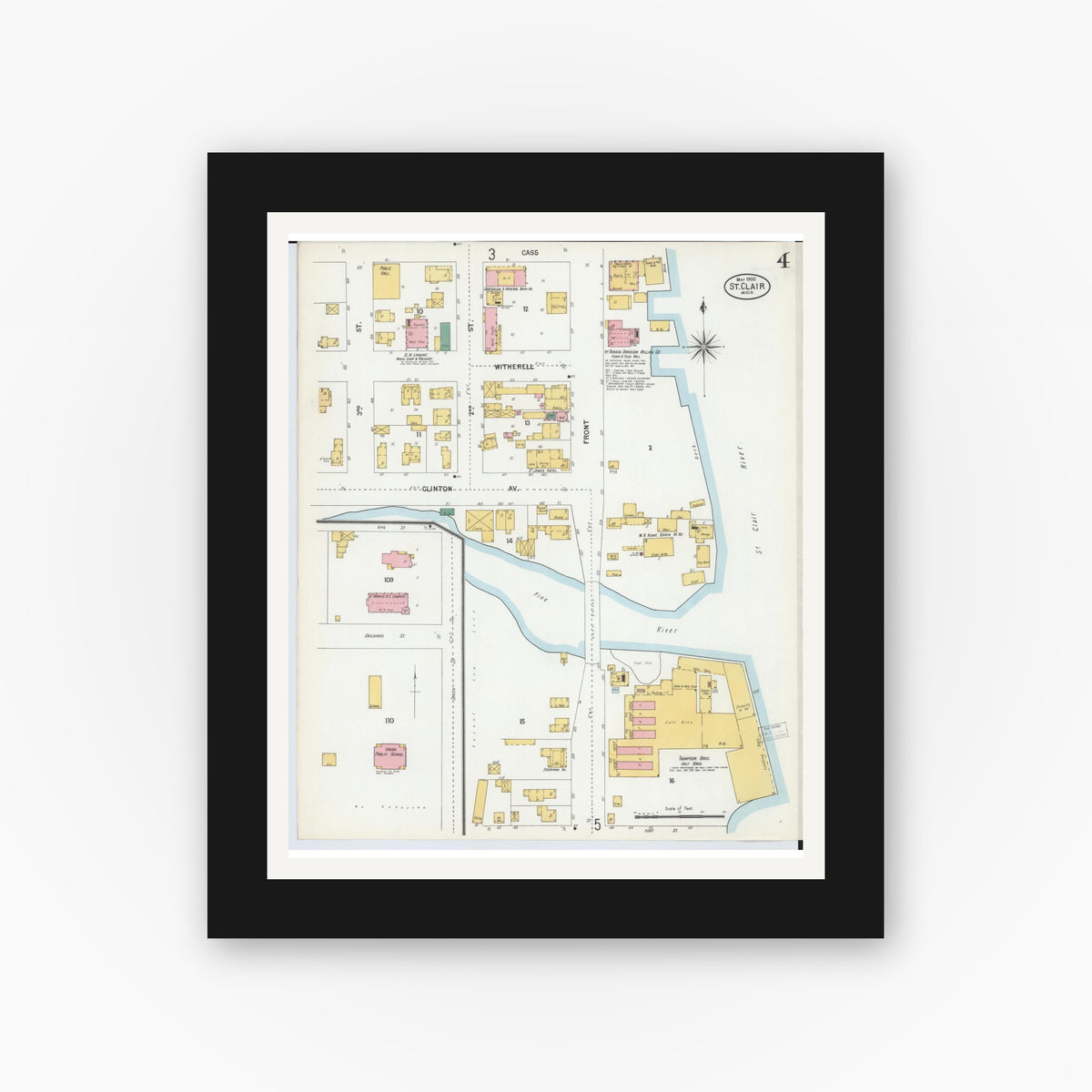 Old map wall art mockup — black gallery frame with white mat — Sanborn Fire Insurance Map from Saint Clair, Saint Clair County, Michigan (1900), Sheet #0004