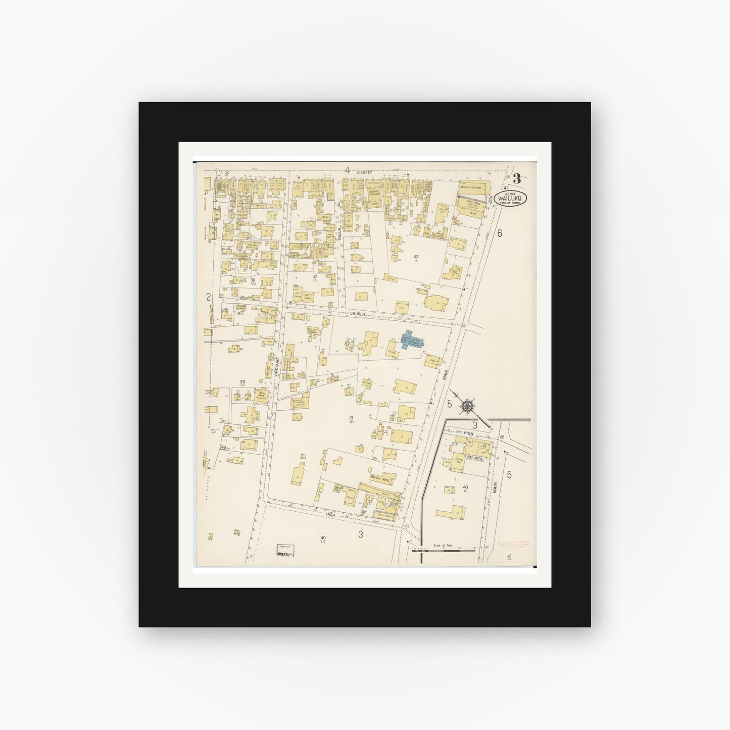 Old map wall art mockup — black gallery frame with white mat — Sanborn Fire Insurance Map from Wailuku, Maui County, Hawaii (1914), Sheet #0003