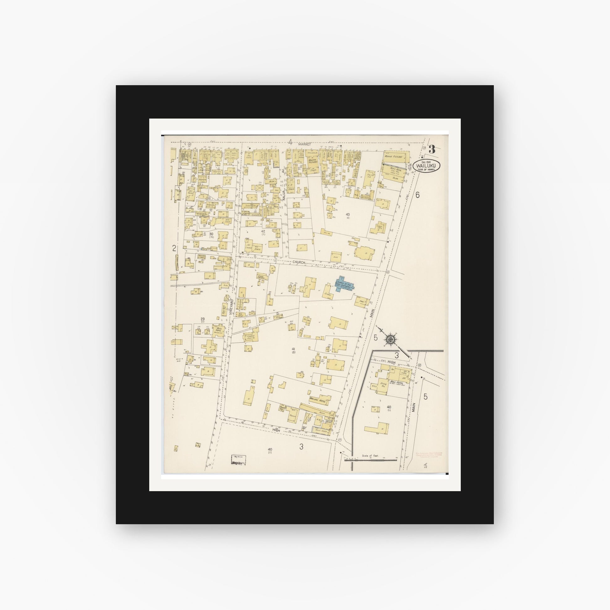 Old map wall art mockup — black gallery frame with white mat — Sanborn Fire Insurance Map from Wailuku, Maui County, Hawaii (1914), Sheet #0003