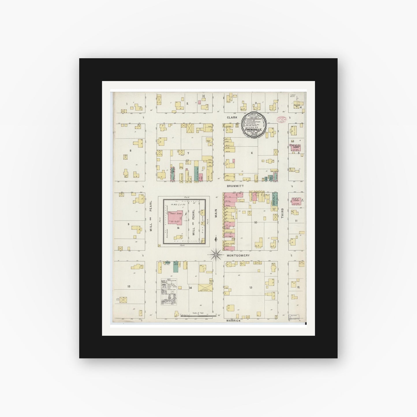 Old map wall art mockup — black gallery frame with white mat — Sanborn Fire Insurance Map from Owensville, Gibson County, Indiana (1895), Sheet #0001