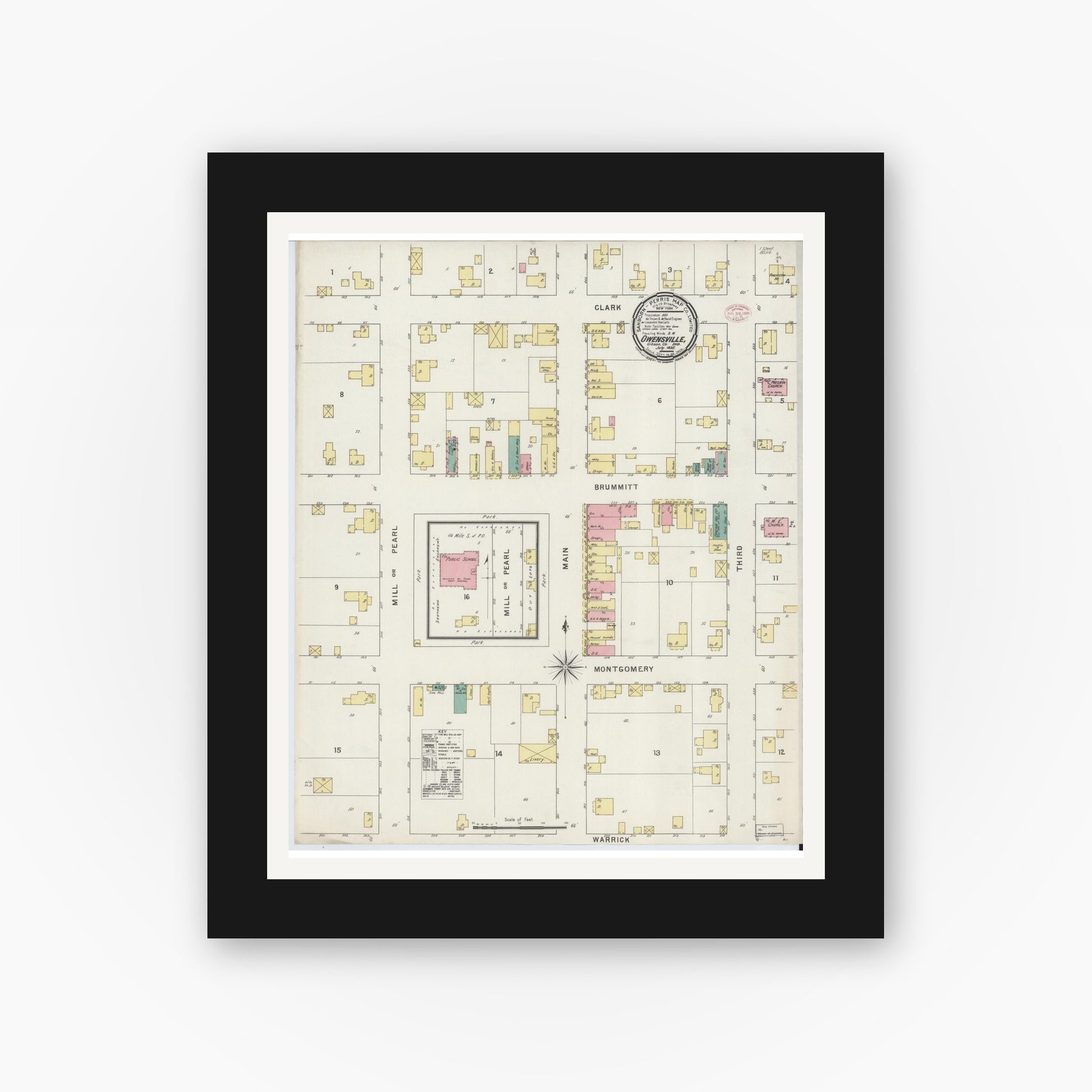 Old map wall art mockup — black gallery frame with white mat — Sanborn Fire Insurance Map from Owensville, Gibson County, Indiana (1895), Sheet #0001