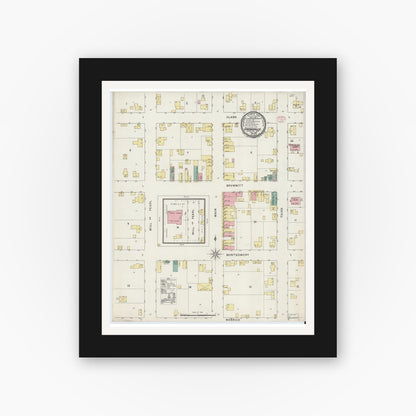 Old map wall art mockup — black gallery frame with white mat — Sanborn Fire Insurance Map from Owensville, Gibson County, Indiana (1895), Sheet #0001