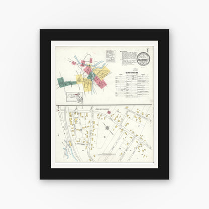 Old map wall art mockup — black gallery frame with white mat — Sanborn Fire Insurance Map from East Pepperell, Middlesex County, Massachusetts (1922), Sheet #0001