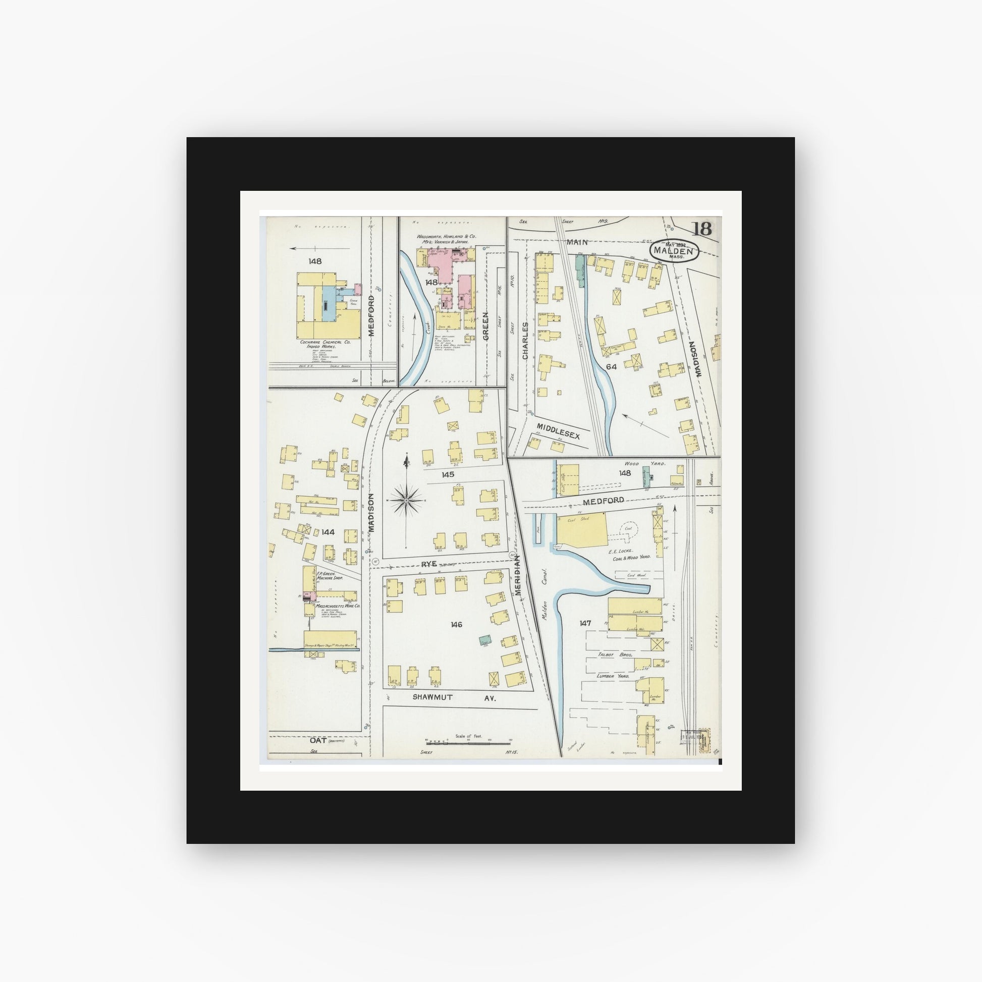 Old map wall art mockup — black gallery frame with white mat — Sanborn Fire Insurance Map from Malden, Middlesex County, Massachusetts (1892), Sheet #0018