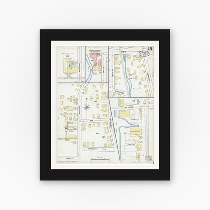 Old map wall art mockup — black gallery frame with white mat — Sanborn Fire Insurance Map from Malden, Middlesex County, Massachusetts (1892), Sheet #0018