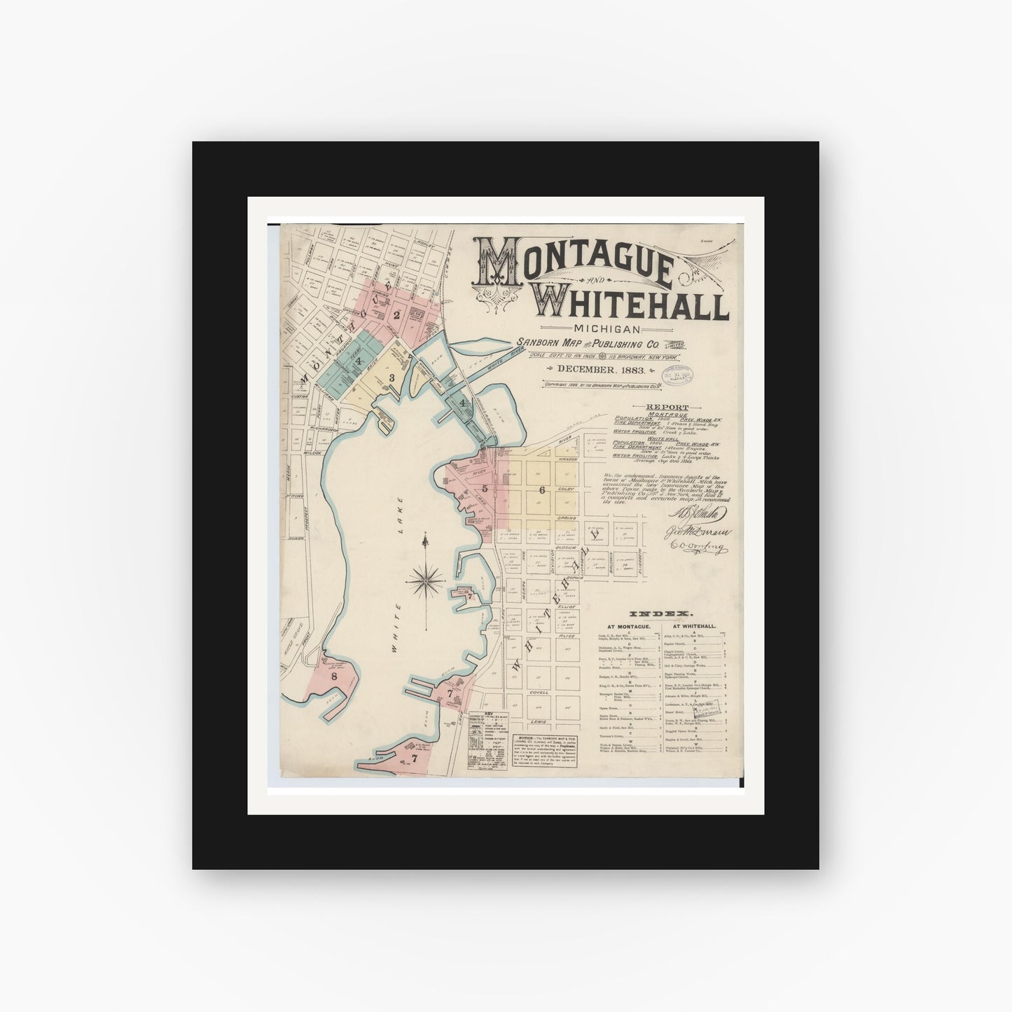 Old map wall art mockup — black gallery frame with white mat — Sanborn Fire Insurance Map from Montague, Muskegon County, Michigan (1883) - Complete Map Set