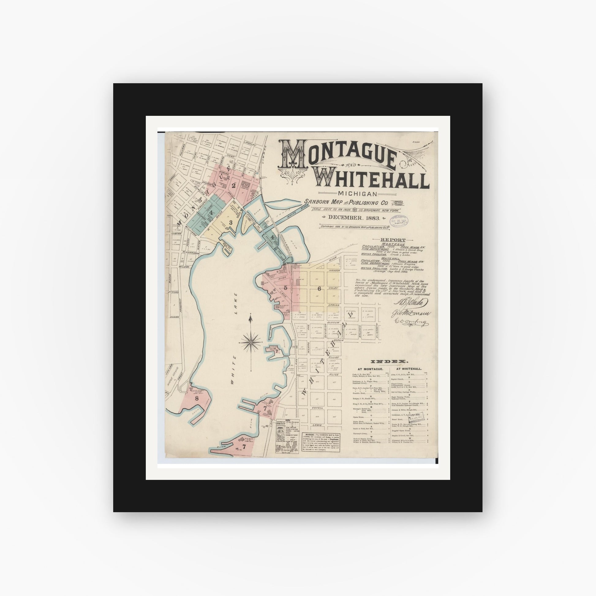 Old map wall art mockup — black gallery frame with white mat — Sanborn Fire Insurance Map from Montague, Muskegon County, Michigan (1883) - Complete Map Set