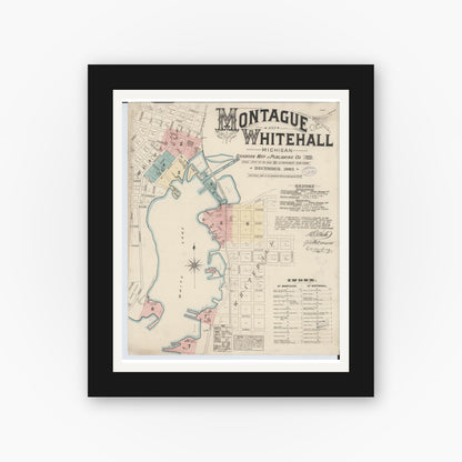 Old map wall art mockup — black gallery frame with white mat — Sanborn Fire Insurance Map from Montague, Muskegon County, Michigan (1883) - Complete Map Set