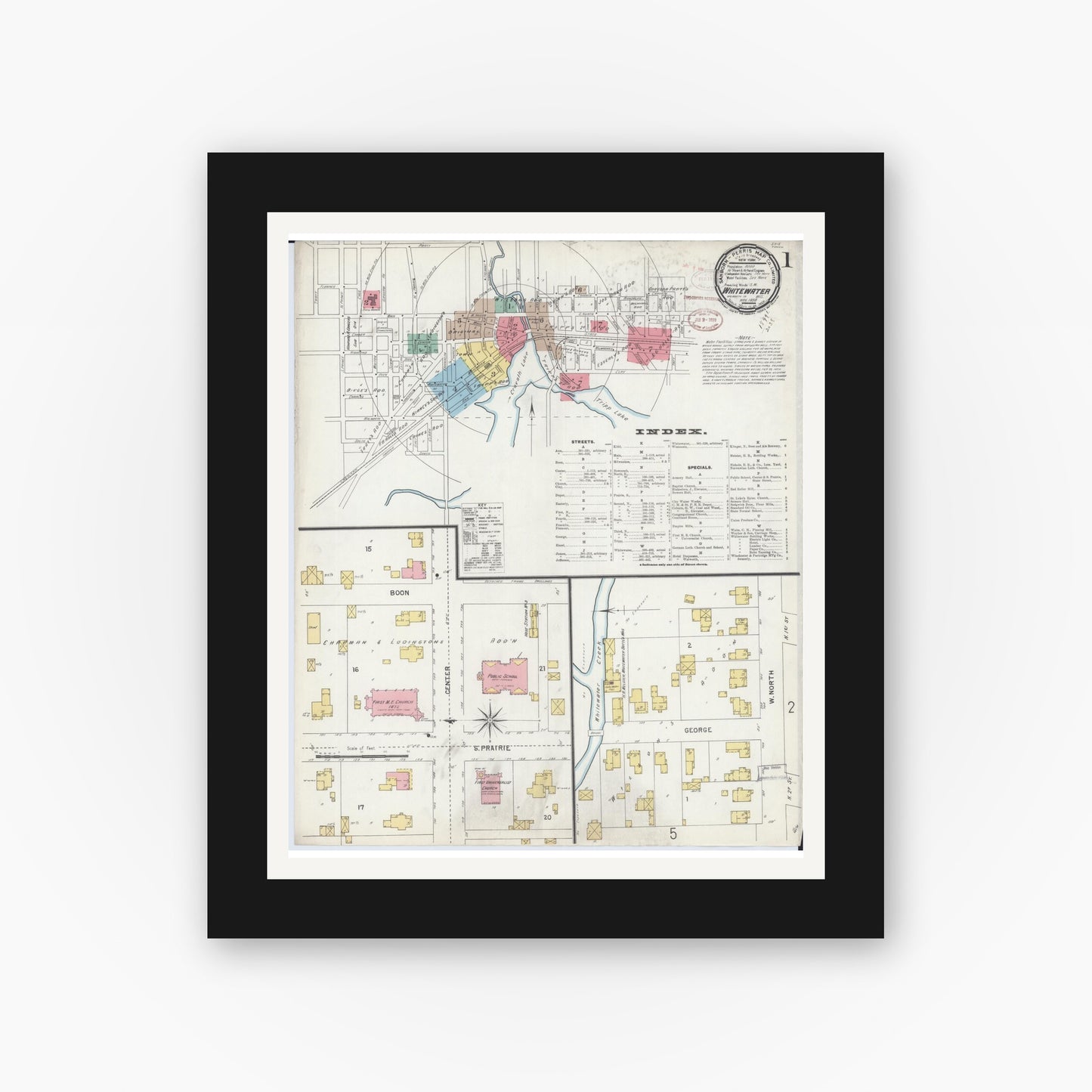 Old map wall art mockup — black gallery frame with white mat — Sanborn Fire Insurance Map from Whitewater, Walworth County, Wisconsin (1898), Sheet #0001