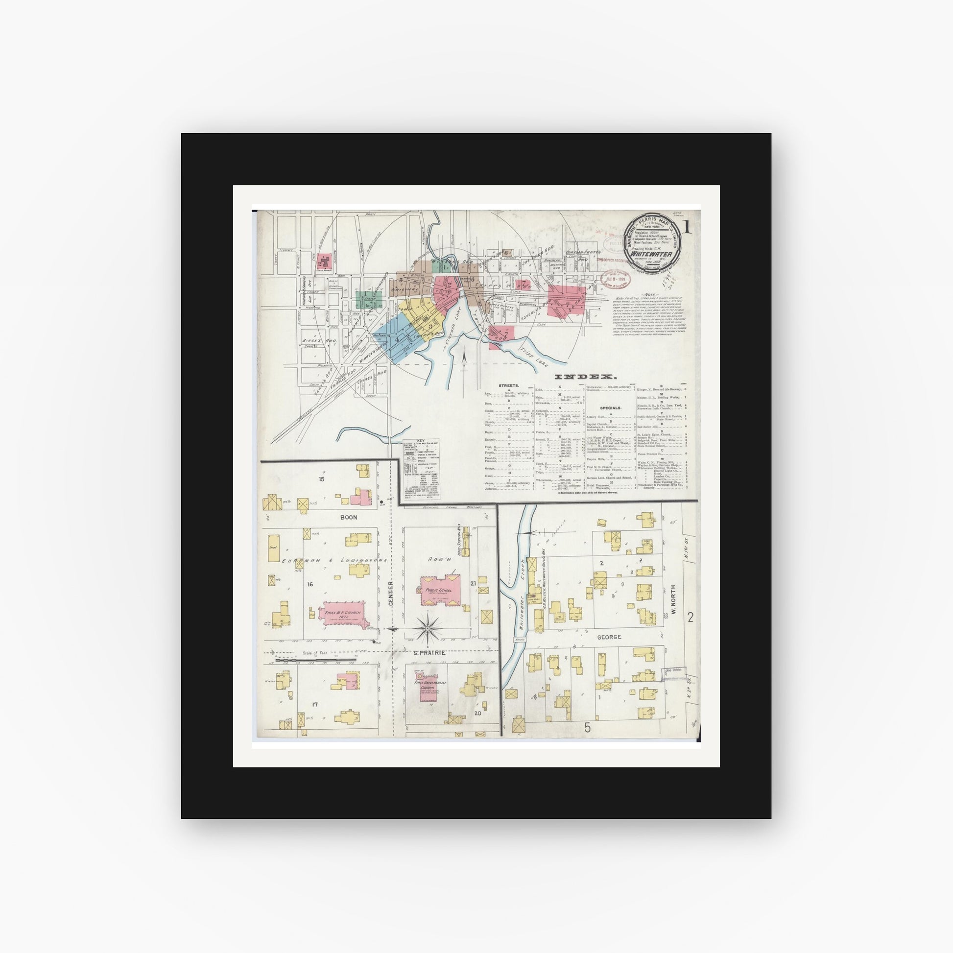Old map wall art mockup — black gallery frame with white mat — Sanborn Fire Insurance Map from Whitewater, Walworth County, Wisconsin (1898), Sheet #0001