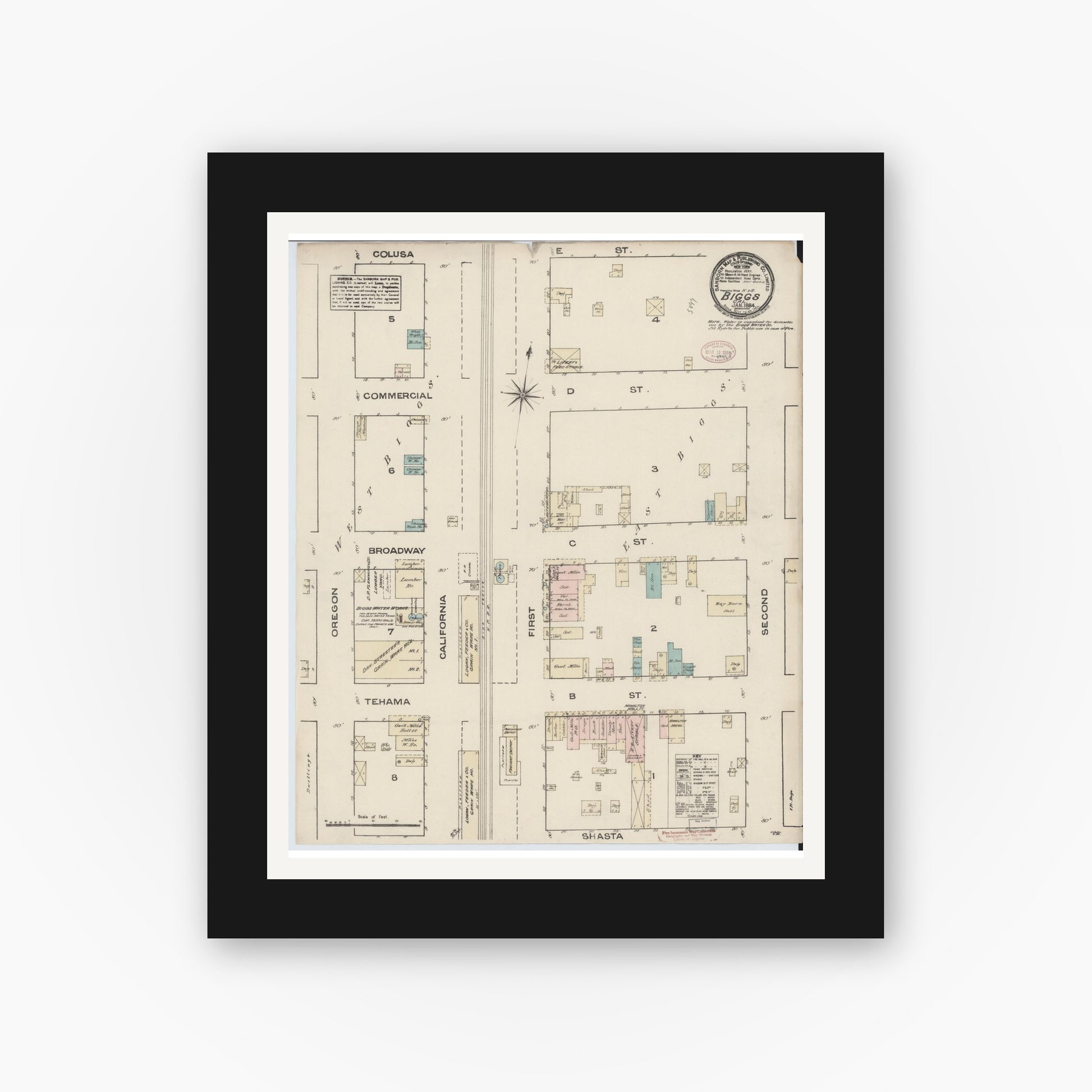 Old map wall art mockup — black gallery frame with white mat — Sanborn Fire Insurance Map from Biggs, Butte County, California (1884), Sheet #0001