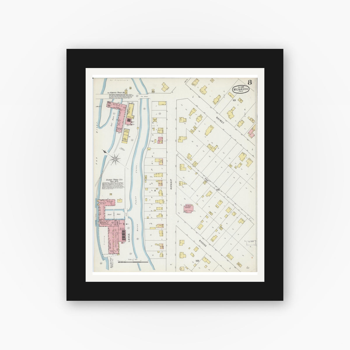 Old map wall art mockup — black gallery frame with white mat — Sanborn Fire Insurance Map from Menasha, Winnebago County, Wisconsin (1895), Sheet #0008